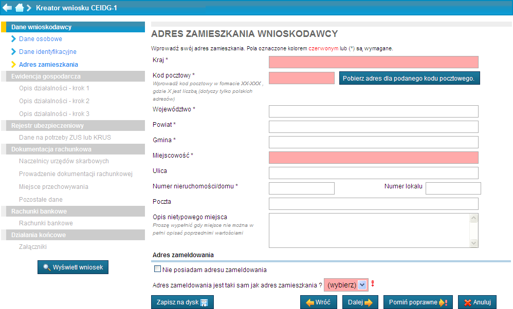 Wniosek o wpis w CEIDG kreator Wypełnienie danych dotyczących adresu zamieszkania wnioskodawcy W przypadku wyboru