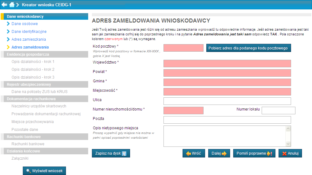 Wniosek o wpis w CEIDG kreator Wypełnienie danych dotyczących adresu