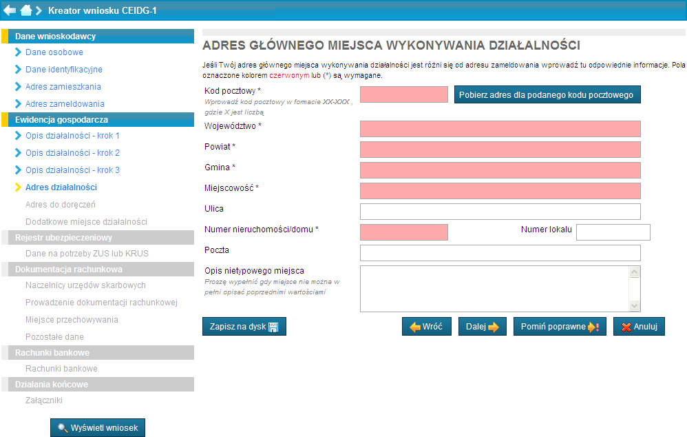 Wniosek o wpis w CEIDG kreator Wypełnienie danych