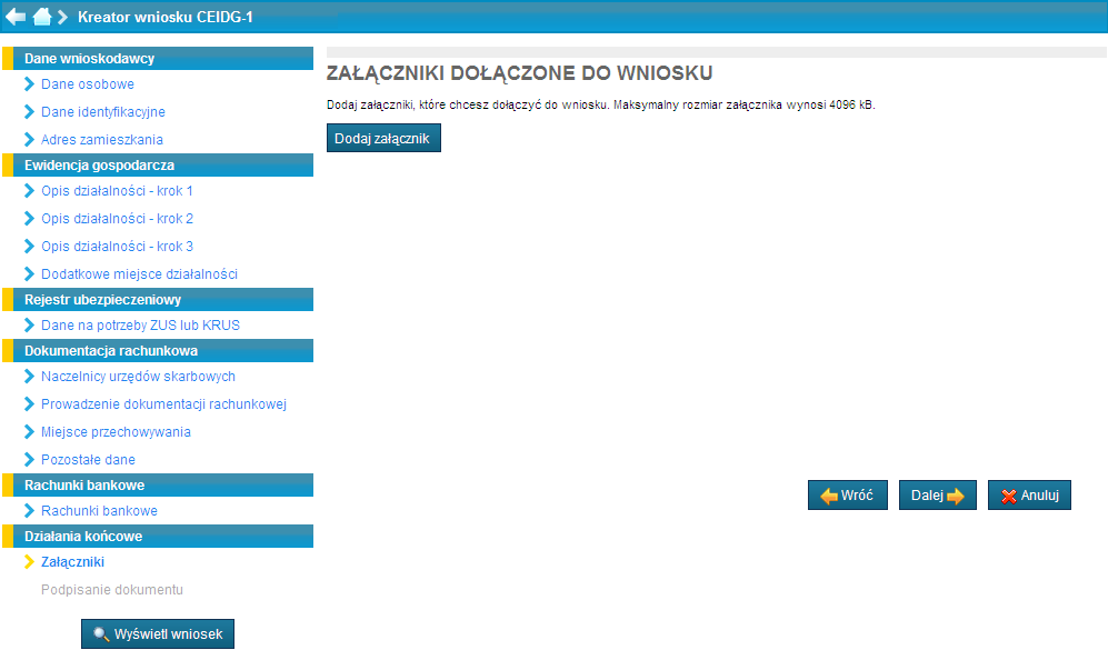 Wniosek o wpis w CEIDG kreator Wypełnienie danych dotyczących załączników