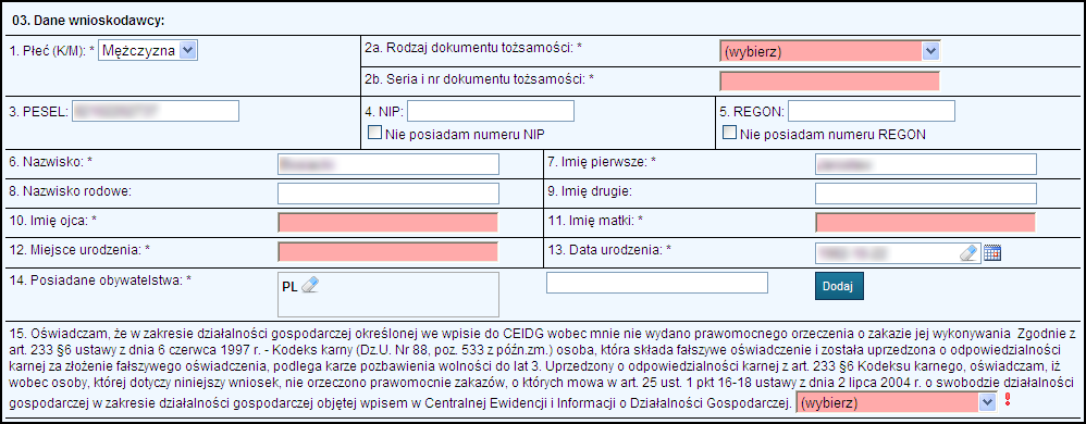 1. Wprowadzenie danych osobowych wnioskodawcy oraz złożenie