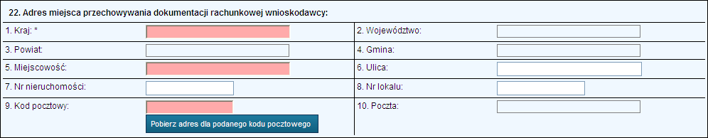 16. Wprowadzenie adresu miejsca przechowywania dokumentacji rachunkowej wnioskodawcy 17.