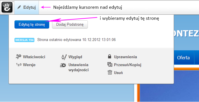 4. Dodawanie treści na stronie 4.1 Tryb edycji Aby z dowolnego miejsca na zapleczu wrócić na stronę główną wciskamy przycisk Powrót do strony.