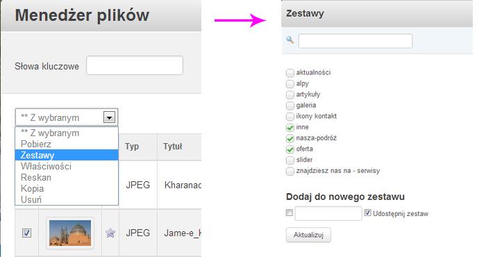 Otworzy się okno Zestawy, gdzie dokonujemy zmian tak jak opisano wyżej. Na koniec wciskamy przycisk Aktualizuj. Zmiany zostaną zapisane. Zamykamy okno X. 6.