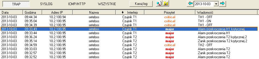 Program posiada zaimplementowany serwer SYSLOG, TRAP SNMP oraz możliwość pobierania stanu alarmów z urządzeń w sieci.
