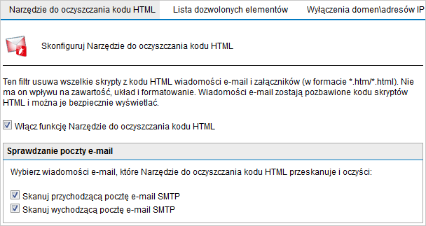 Screenshot 59: Strona konfiguracji funkcji Narzędzie do oczyszczania kodu HTML 2. Włącz funkcję oczyszczania kodu HTML, zaznaczając pole wyboru Włącz funkcję Narzędzie do oczyszczania kodu HTML. 3.