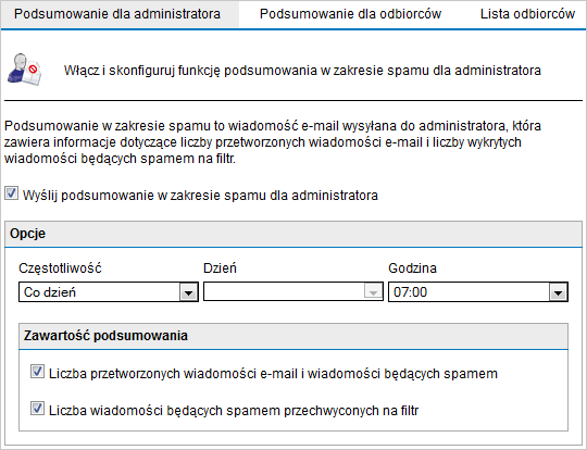 2. Kliknij przycisk Przełącz, aby przełączać pomiędzy opcjami filtrowania Ataki DHA (Directory Harvesting): Opcja Filtrowanie po odebraniu całej wiadomości e-mail Filtrowanie podczas transmisji SMTP