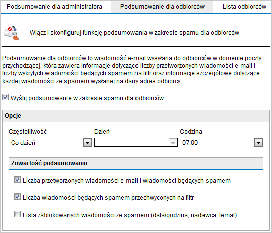 2. Na karcie Podsumowanie dla administratora zaznacz pole wyboru Wyślij podsumowanie w zakresie spamu dla administratora, aby włączyć funkcję podsumowania. 3.