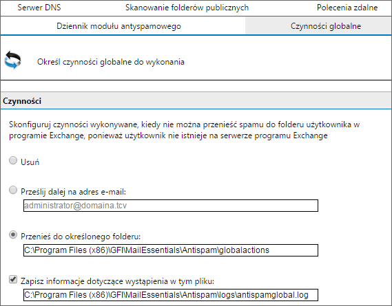 Screenshot 90: Czynności globalne 2. Wybierz kartę Czynności globalne i jedną z poniższych czynności: Usuń wiadomość e-mail Prześlij dalej na adres e-mail Przenieś do określonego folderu 3.