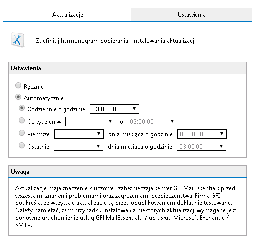 Screenshot 130: Wyłączanie lub modyfikowanie harmonogramu aktualizacji produktu 2. Zmodyfikuj następujące opcje: Opcja Ręcznie Automatycznie Opis Wyłącza harmonogram.