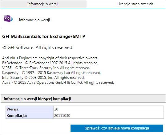 11.1 Informacje dotyczące instalacji Screenshot 132: Strona Informacje o wersji Aby wyświetlić informacje o wersji programu GFI MailEssentials, przejdź do węzła Informacje.