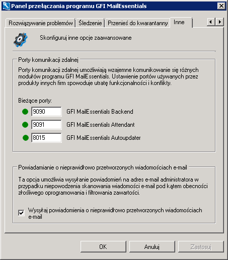 11.12 Porty komunikacji zdalnej Porty komunikacji zdalnej umożliwiają wzajemną komunikację modułów w programie GFI MailEssentials.