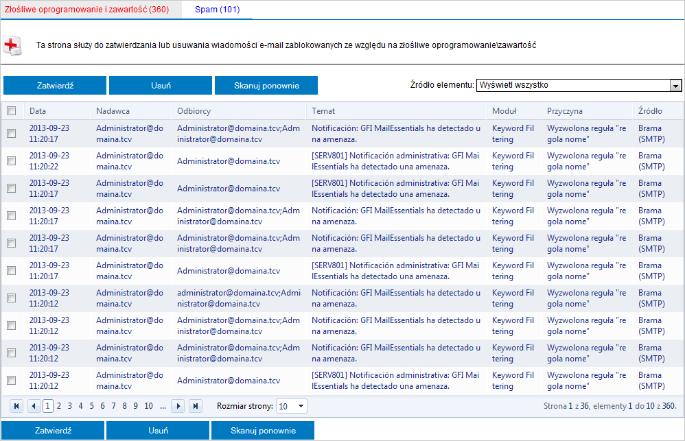 Krok 4: Potwierdź, czy testowe wiadomości e-mail są blokowane Sprawdź, czy program zablokował przychodzącą i wychodzącą wiadomości e-mail oraz poddał je kwarantannie. Aby to zrobić: 1.