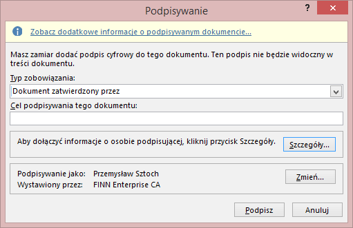 FINNCA INS - Instrukcja dla subskrybentów (4) 4. Podpisywanie dokumentów w pakiecie OpenOffice Aby podpisać dokument w dowolnej aplikacji pakietu OpenOffice wykonujemy następujące kroki: 1.