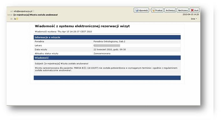 Rys. 24 Wiadomość z systemu elektronicznej rezerwacji wizyt Usługi płatne