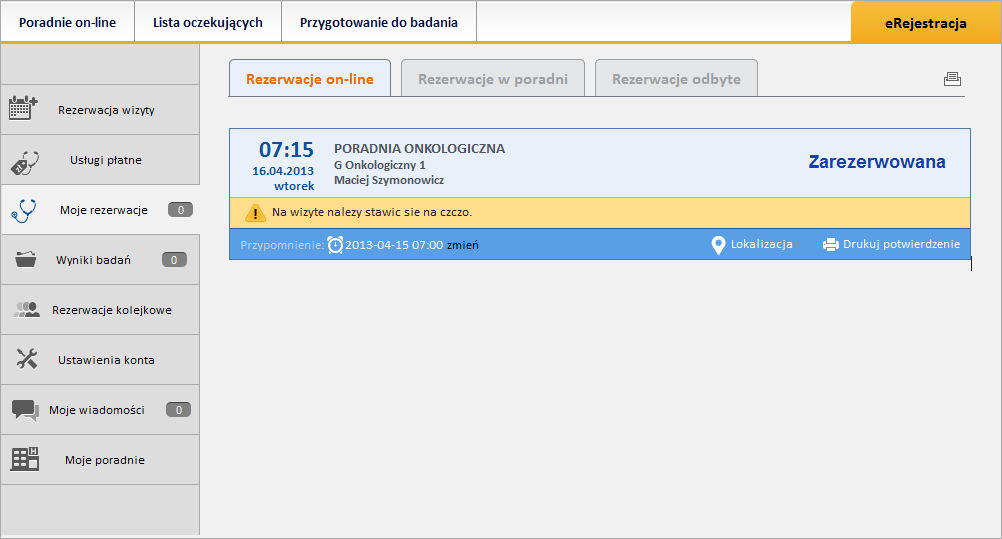 Moje rezerwacje Ekran zawiera zakładki, grupujące dane: Rezerwacje on-line Rezerwacje w poradni Rezerwacje odbyte Ikona drukarki umożliwia wydruk odpowiedniej listy wizyt.