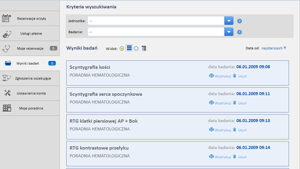 Wyniki badań Funkcja widoczna w systemie opcjonalnie w zależności od jej aktywacji przez ZOZ. Umożliwia elektroniczny odbiór wyników wybranych badań. Rys.