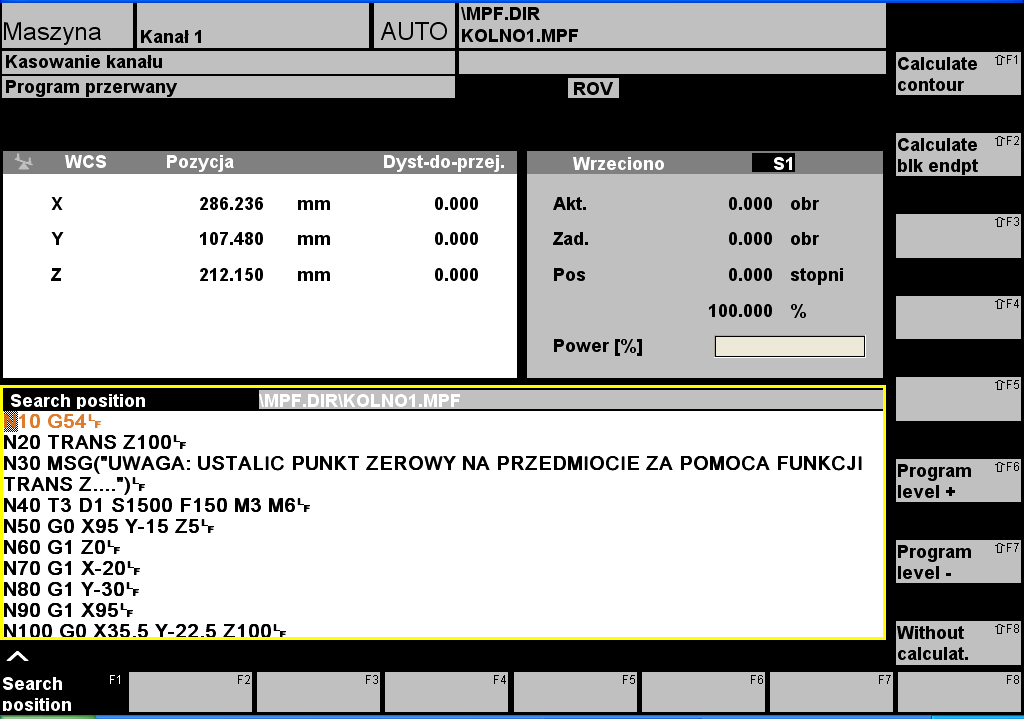 Program można rozpocząć od wybranego bloku. Wybieramy F5 Search Blok potem umieszczamy kursor w żądanym bloku i wciskamy Fl Calculate contour lub F2 Calculate blk endpt.