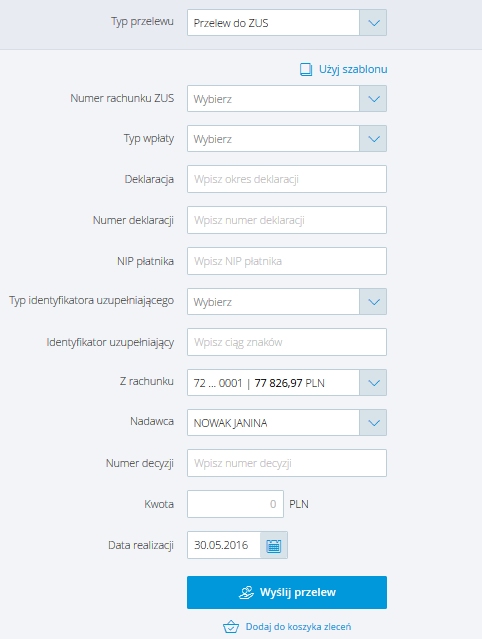 W przypadku wyboru konta do obciążenia w innej walucie niż PLN zlecenie zostanie przewalutowane i wysłane w walucie PLN w kwocie wprowadzonej w formularzu.