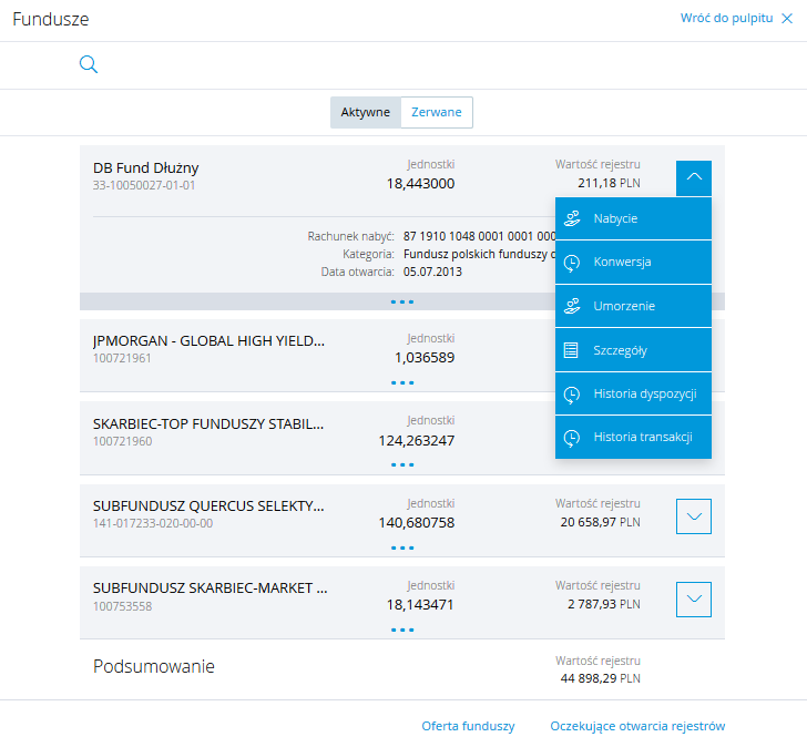 Fundusze inwestycyjne Tu znajdziesz szczegółowe informacje o aktywach zgromadzonych na funduszach. Miniaplikacja daje możliwość nabycia/umorzenia jednostek uczestnictwa.