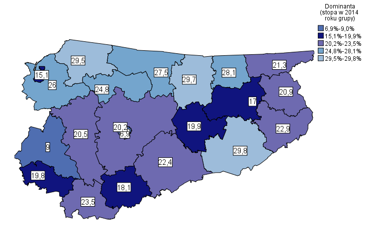 Mapa 8. Stopa bezrobocia w województwie warmińsko-mazurskim w 2014 roku według powiatów Źródło: Urząd Statystyczny w Olsztynie.