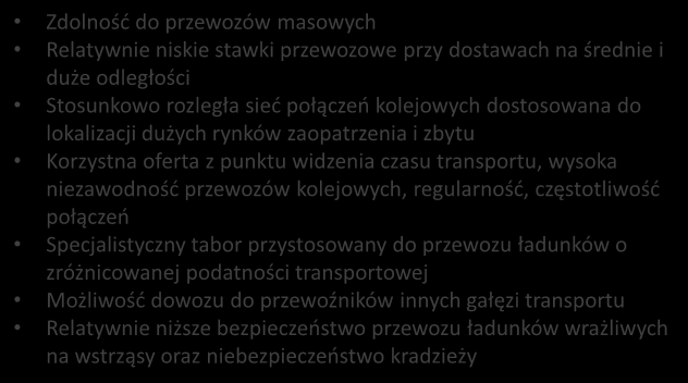 Transport kolejowy Oferowane korzyści i ograniczenia zastosowania: Zdolność do przewozów masowych Relatywnie niskie stawki przewozowe przy dostawach na średnie i duże