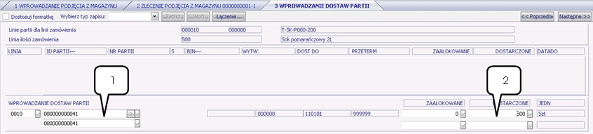 W oknie (1) należy wpisad S, co dla systemu iscala oznacza dostawę wszystkich elementów zamówienia od klienta, zatwierdzając przyciskiem ENTER.