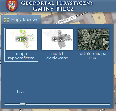 turystycznego z wykorzystaniem NARZĘDZIA GEOPORTALU Ponadto może wybrać jeden z trzech dostępnych podkładów mapowych z panelu