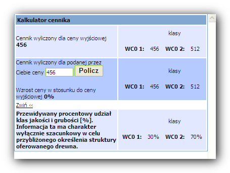 Ilość, Ilość minimalna, Cena [PLN/jednostka masy] Pole Cena skorygowana jest obliczane automatycznie jeżeli istnieją gatunki dla których wymagane jest przeliczenie pomiędzy m3 a MP.