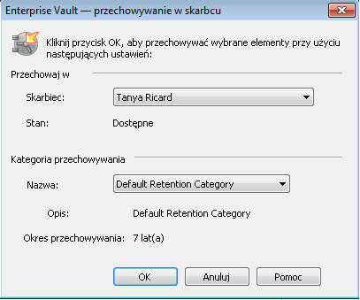 32 Przechowywanie i przywracanie elementów Ręczne przechowywanie elementów Aby przechować elementy przy użyciu opcji programu Enterprise Vault: 1 W skrzynce pocztowej wybierz jeden lub więcej