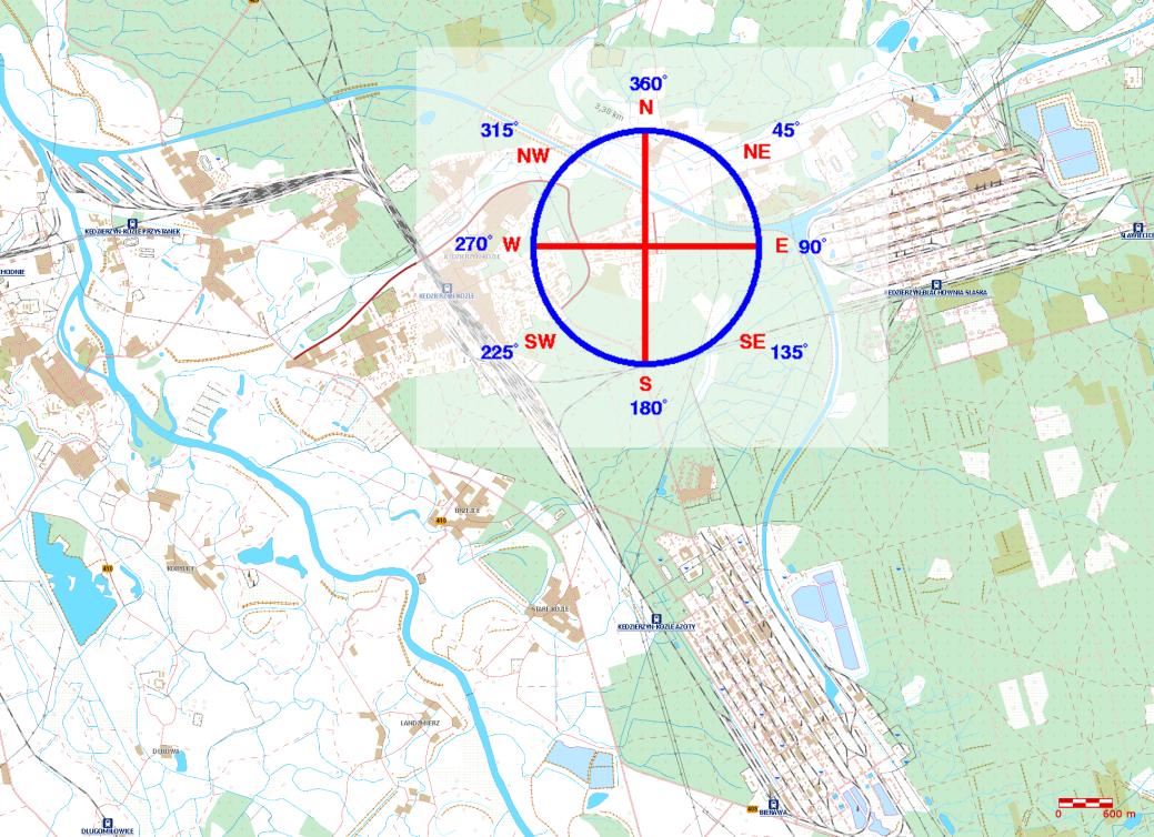 Układ terenu miasta Kędzierzyn-Koźle i okolic względem stron świata wraz rożą wiatrów zaprezentowano na rys. 21.