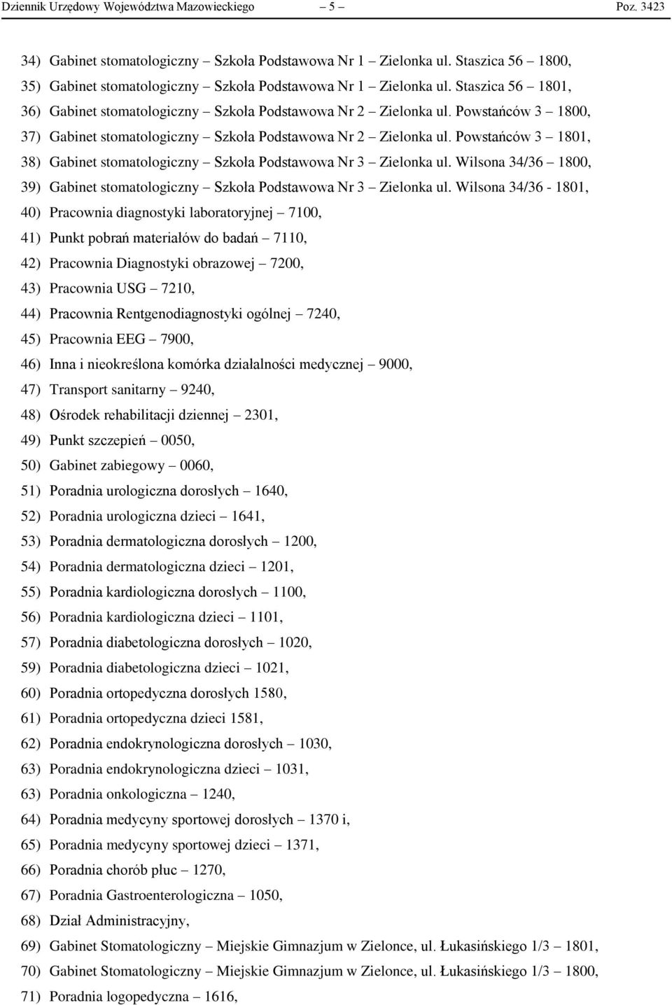 Powstańców 3 1800, 37) Gabinet stomatologiczny Szkoła Podstawowa Nr 2 Zielonka ul. Powstańców 3 1801, 38) Gabinet stomatologiczny Szkoła Podstawowa Nr 3 Zielonka ul.