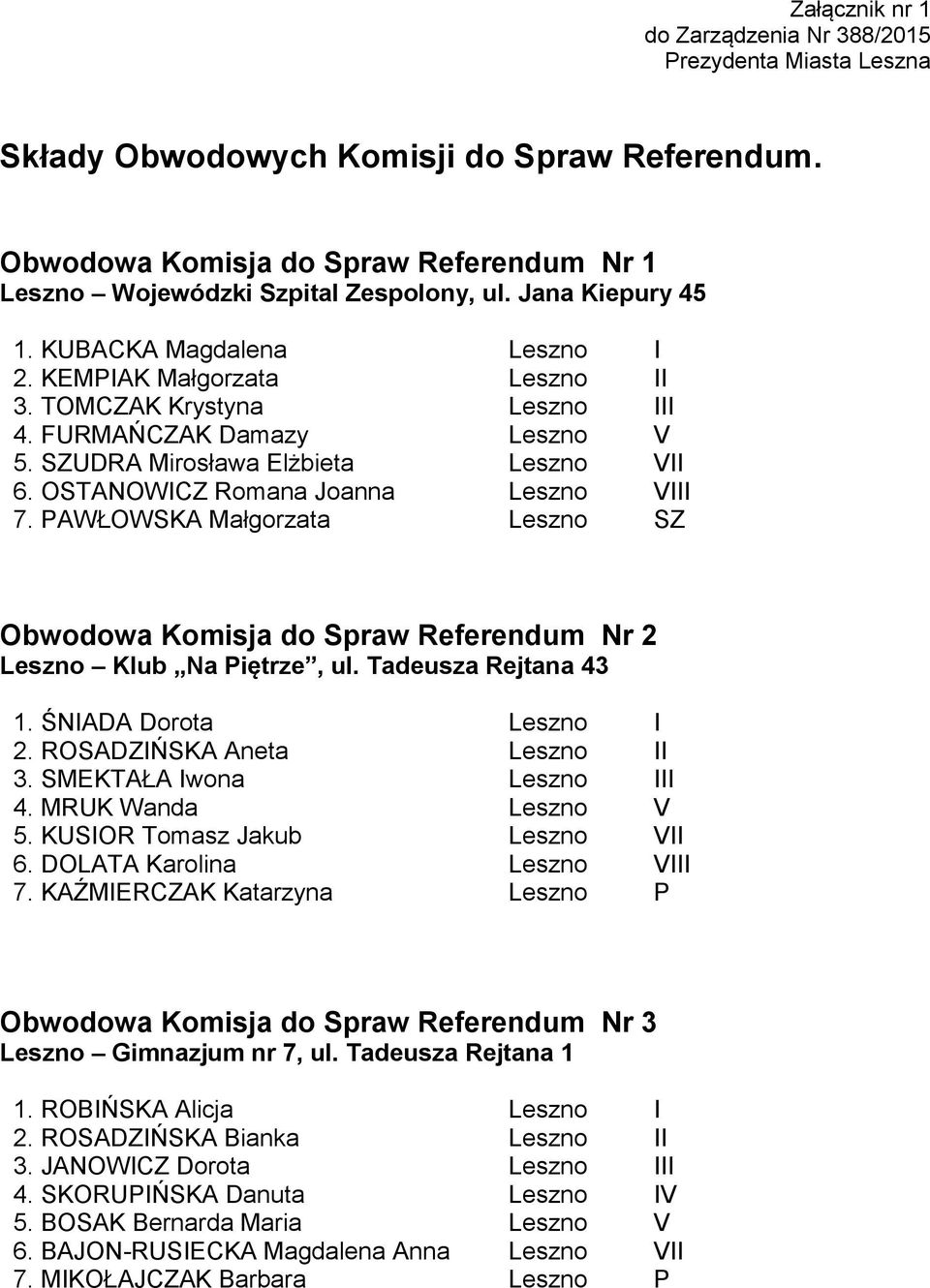 OSTANOWICZ Romana Joanna Leszno VIII 7. PAWŁOWSKA Małgorzata Leszno SZ Obwodowa Komisja do Spraw Referendum Nr 2 Leszno Klub Na Piętrze, ul. Tadeusza Rejtana 43 1. ŚNIADA Dorota Leszno I 2.