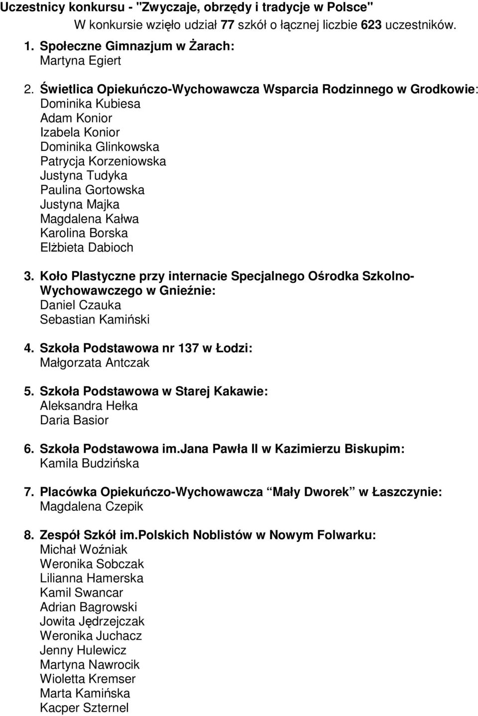 Magdalena Kałwa Karolina Borska Elżbieta Dabioch 3. Koło Plastyczne przy internacie Specjalnego Ośrodka Szkolno- Wychowawczego w Gnieźnie: Daniel Czauka Sebastian Kamiński 4.