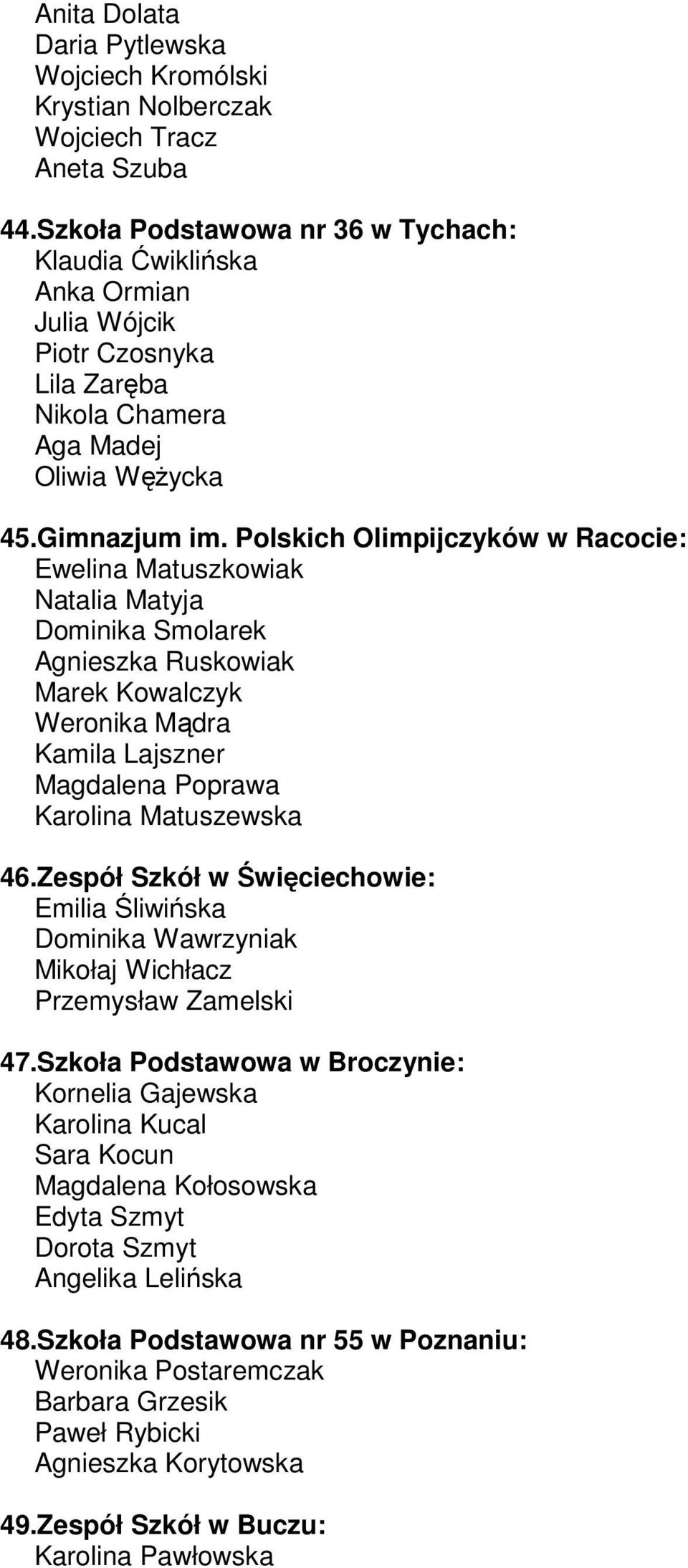 Polskich Olimpijczyków w Racocie: Ewelina Matuszkowiak Natalia Matyja Dominika Smolarek Agnieszka Ruskowiak Marek Kowalczyk Weronika Mądra Kamila Lajszner Magdalena Poprawa Karolina Matuszewska 46.