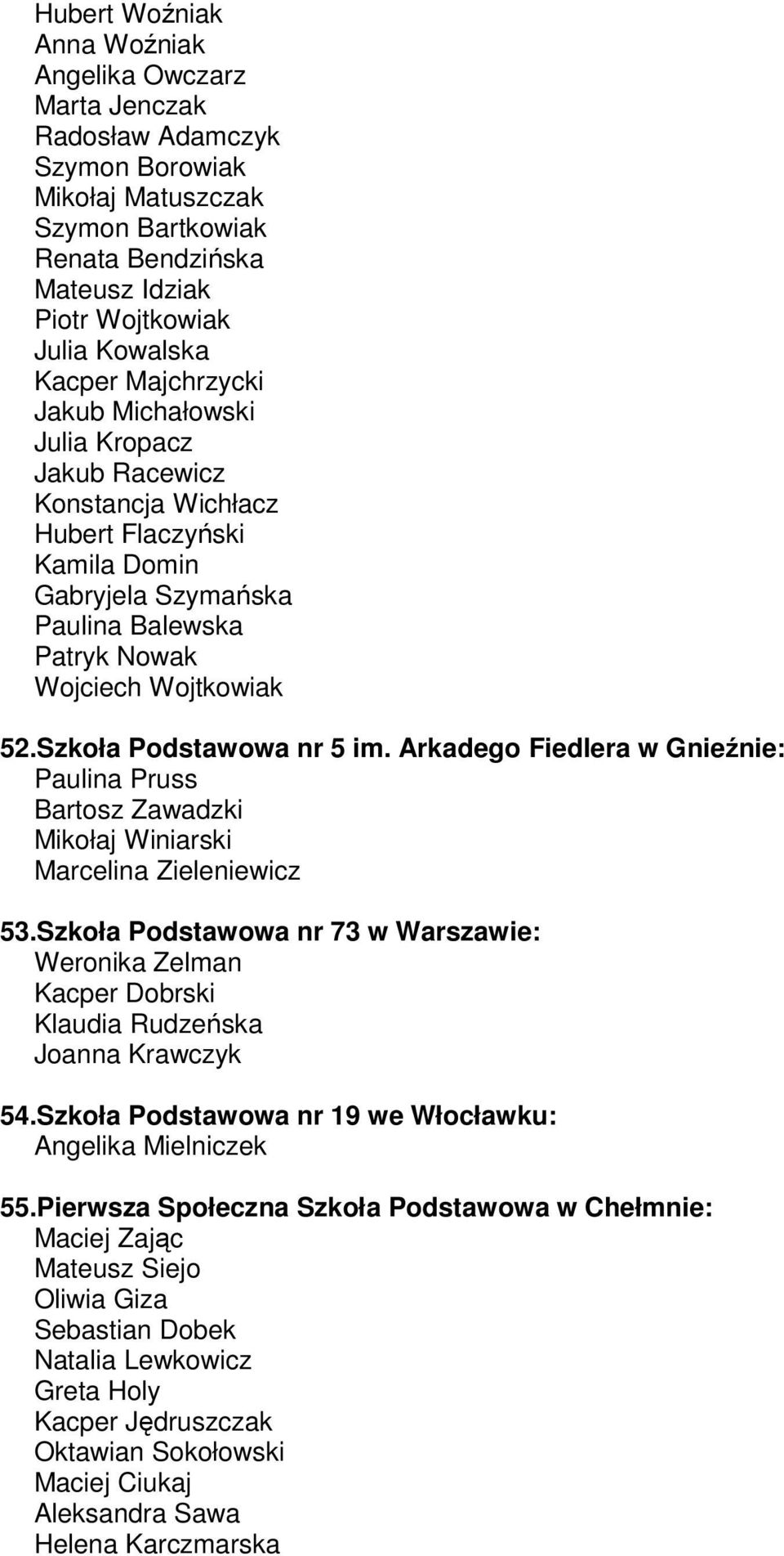 Szkoła Podstawowa nr 5 im. Arkadego Fiedlera w Gnieźnie: Paulina Pruss Bartosz Zawadzki Mikołaj Winiarski Marcelina Zieleniewicz 53.