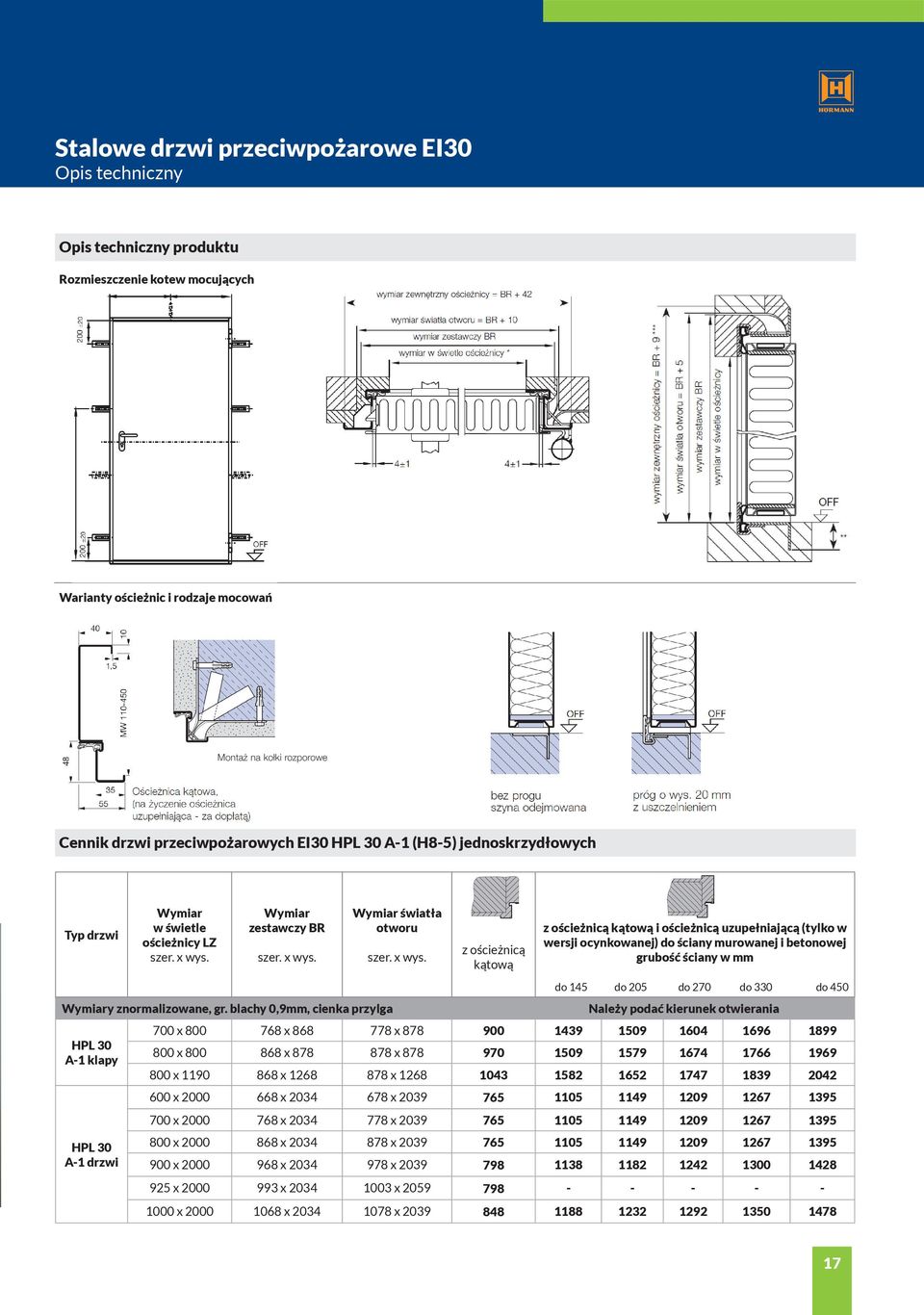 blachy 0,9mm, cienka przylga HPL 30 A-1 klapy HPL 30 A-1 drzwi Wymiar światła otworu z ościeżnicą kątową z ościeżnicą kątową i ościeżnicą uzupełniającą (tylko w wersji ocynkowanej) do ściany