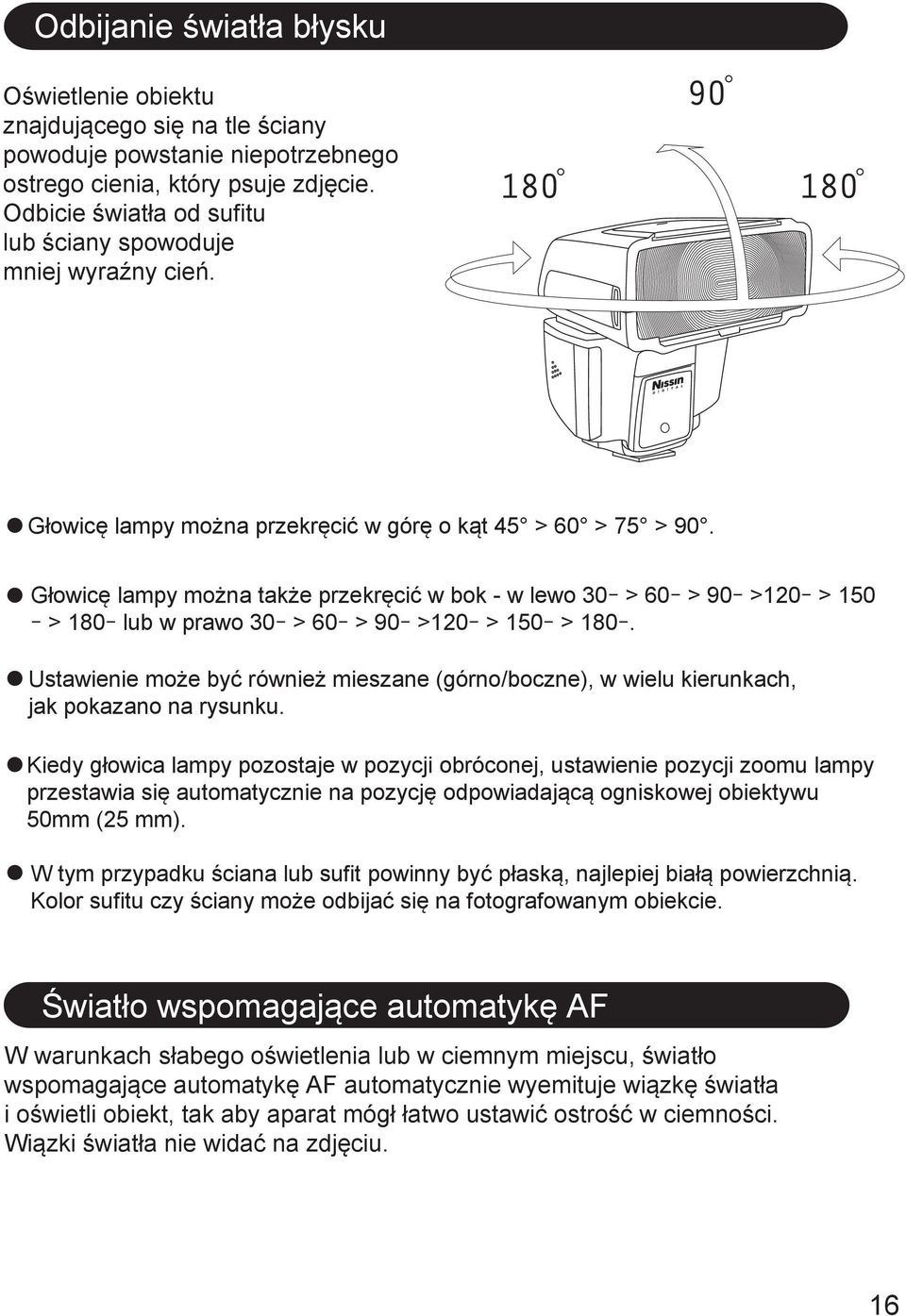 Głowicę lampy można także przekręcić w bok - w lewo 30 > 60 > 90 >10 > 150 > 180 lub w prawo 30 > 60 > 90 >10 > 150 > 180.