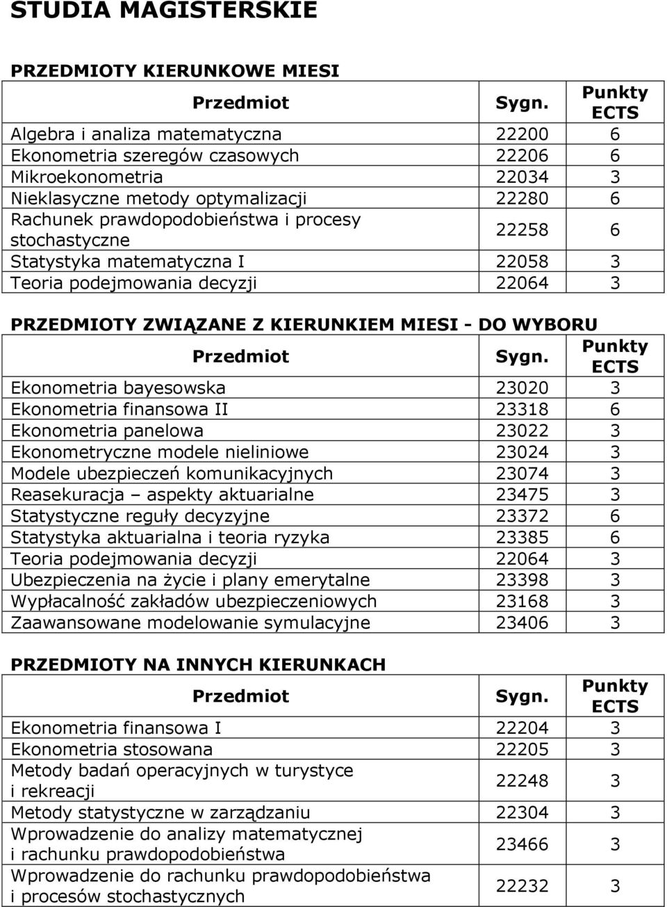 Ekonometria bayesowska 23020 3 Ekonometria finansowa II 23318 6 Ekonometria panelowa 23022 3 Ekonometryczne modele nieliniowe 23024 3 Modele ubezpieczeń komunikacyjnych 23074 3 Reasekuracja aspekty