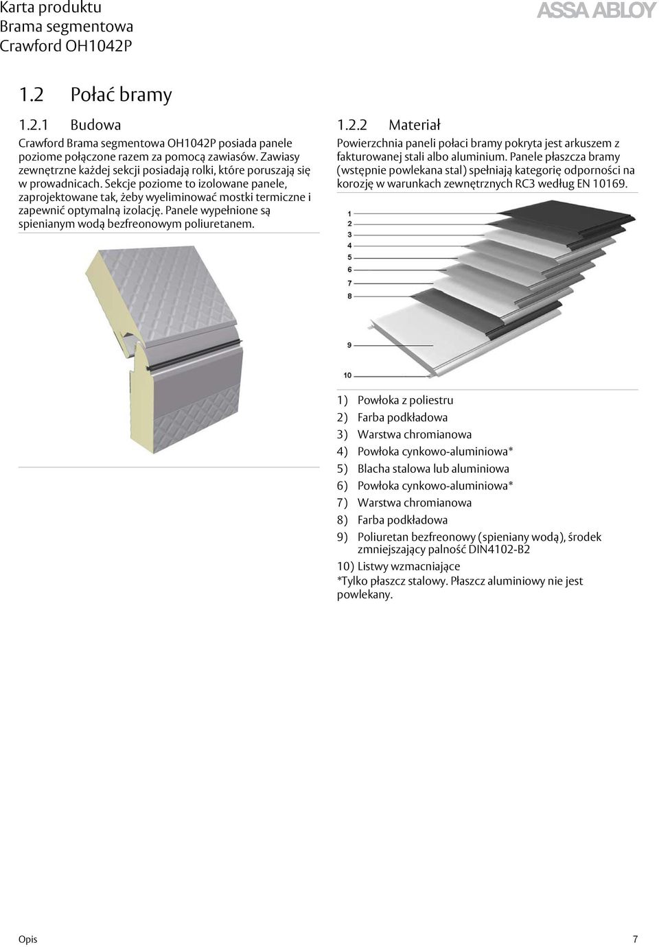 2 Materiał Powierzchnia paneli połaci bramy pokryta jest arkuszem z fakturowanej stali albo aluminium.