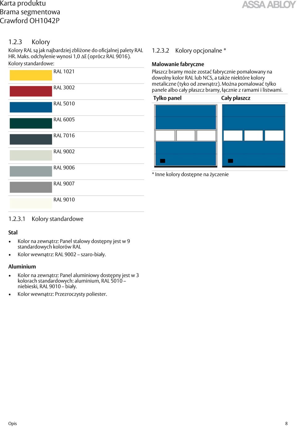 2.3.1 Kolory standardowe Stal Kolor na zewnątrz: Panel stalowy dostępny jest w 9 standardowych kolorów RAL Kolor wewnątrz: RAL 9002 szaro-biały.