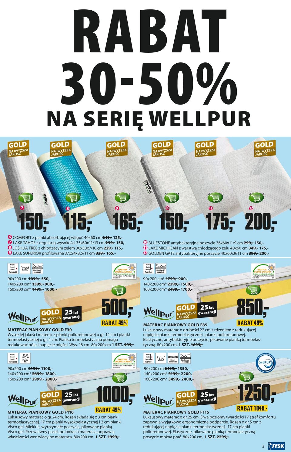 900,160x200 cm* 1499,- 1000,- 3314823 500, 10 BLUESTONE antybakteryjne poszycie 36x60x11/9 cm 299,- 150,11 L AKE MICHIGAN z warstwą chłodzącego żelu 40x60 cm 349,- 175,12 G OLDEN GATE antybakteryjne
