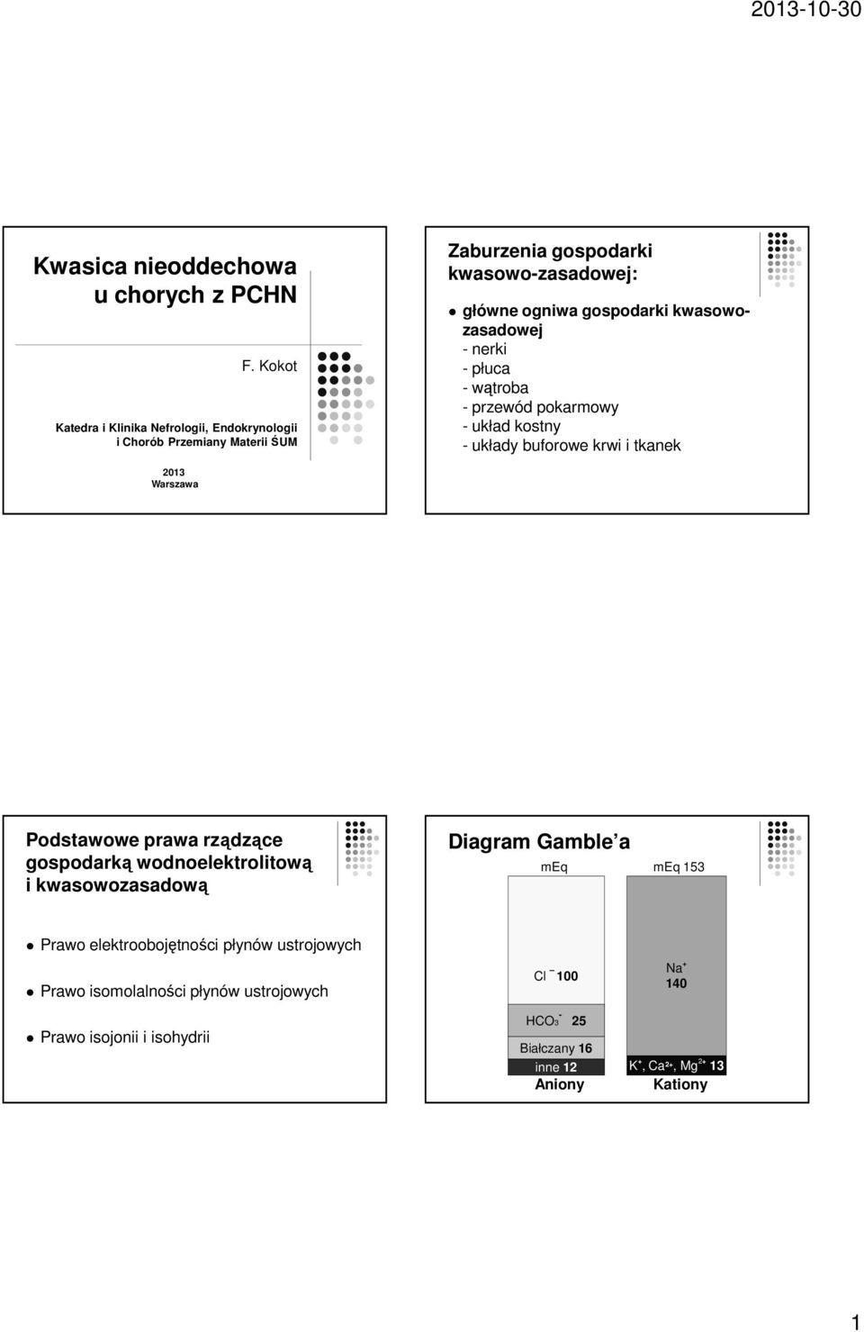 kwasowozasadowej - nerki - płuca - wątroba - przewód pokarmowy - układ kostny - układy buforowe krwi i tkanek 2013 Warszawa Podstawowe prawa rządzące