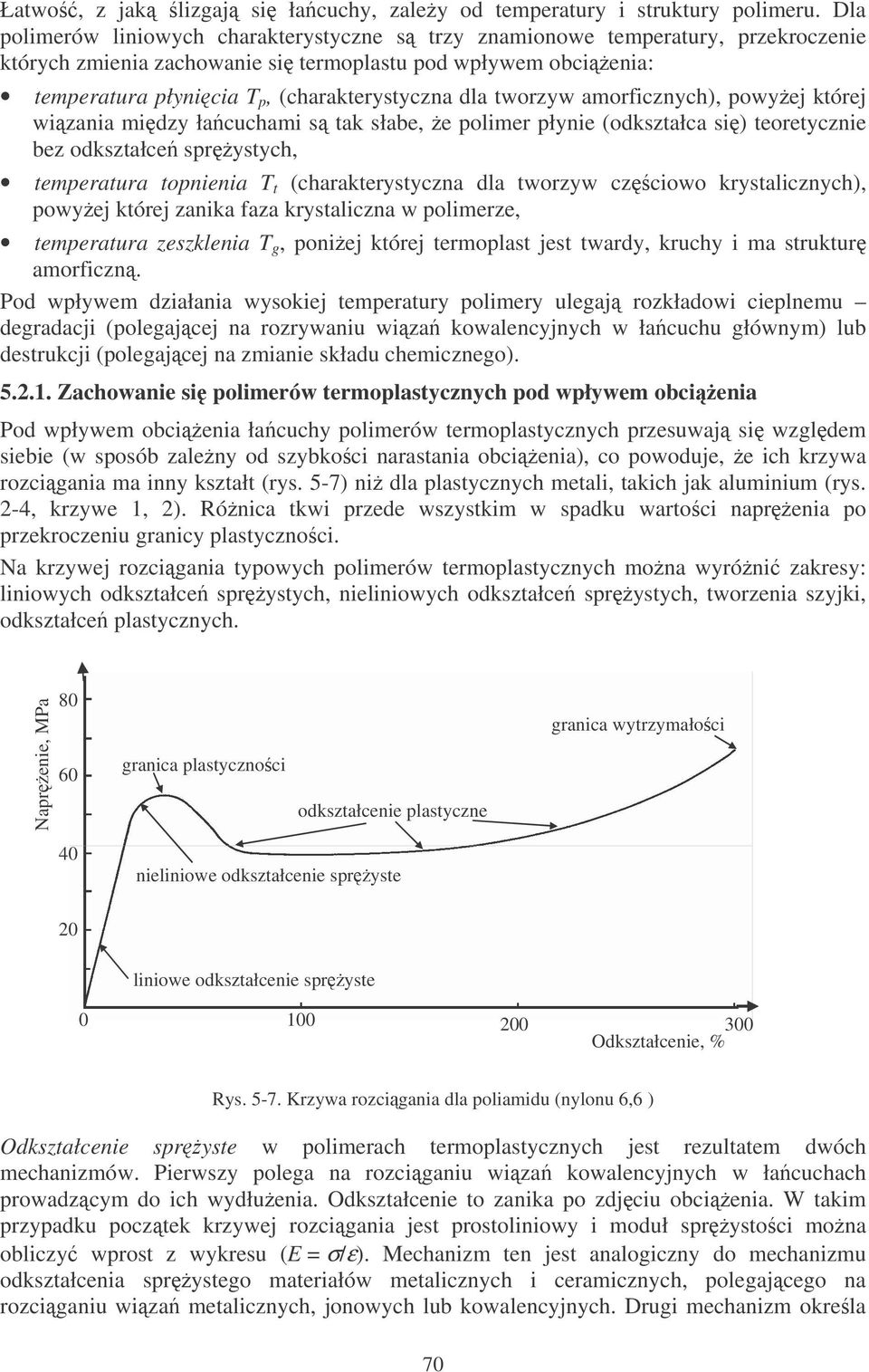 tworzyw amorficznych), powyej której wizania midzy łacuchami s tak słabe, e polimer płynie (odkształca si) teoretycznie bez odkształce sprystych, temperatura topnienia T t (charakterystyczna dla