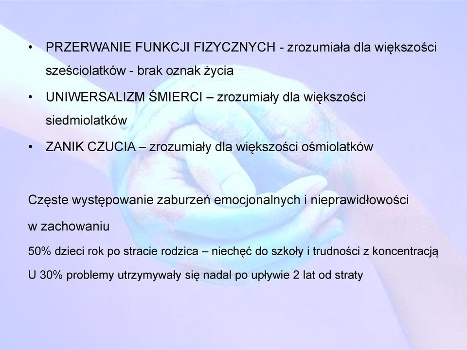 Częste występowanie zaburzeń emocjonalnych i nieprawidłowości w zachowaniu 50% dzieci rok po stracie