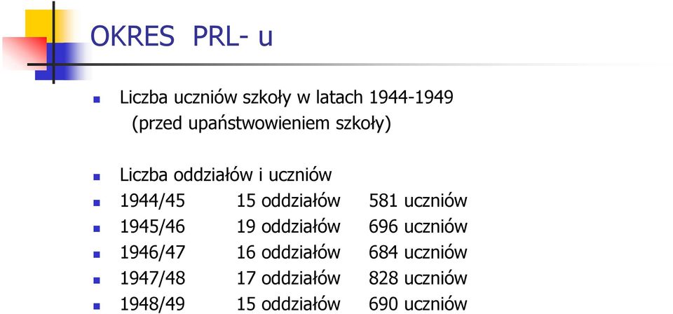 oddziałów 581 uczniów 1945/46 19 oddziałów 696 uczniów 1946/47 16