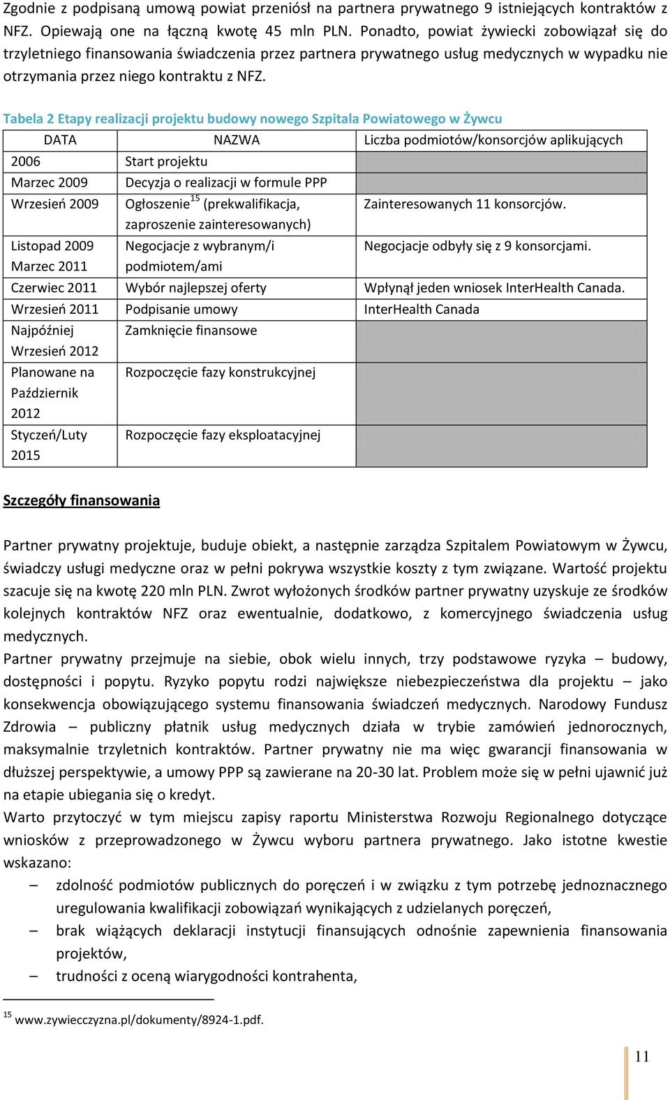 Tabela 2 Etapy realizacji projektu budowy nowego Szpitala Powiatowego w Żywcu DATA NAZWA Liczba podmiotów/konsorcjów aplikujących 2006 Start projektu Marzec 2009 Wrzesień 2009 Listopad 2009 Marzec