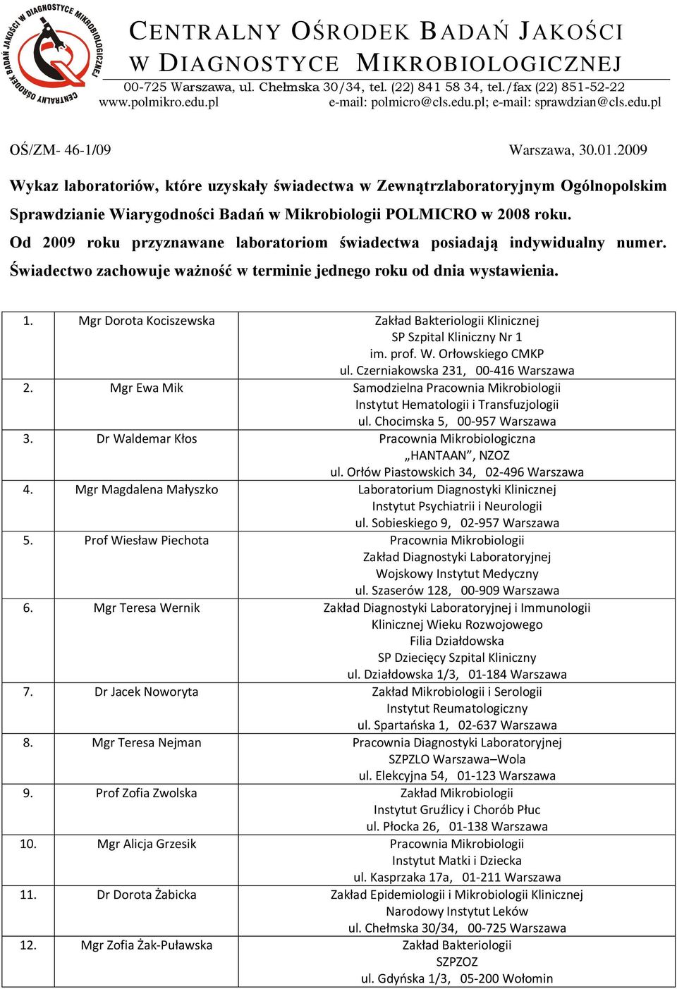 Od 2009 roku przyznawane laboratoriom świadectwa posiadają indywidualny numer. Świadectwo zachowuje ważność w terminie jednego roku od dnia wystawienia. 1.