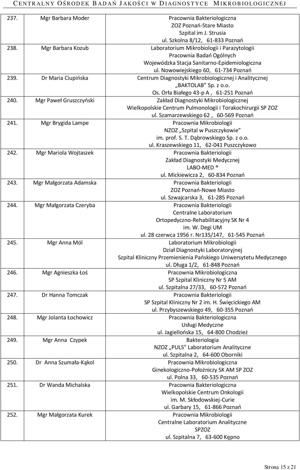 Dr Maria Ciupioska Centrum Diagnostyki Mikrobiologicznej i Analitycznej BAKTOLAB Sp. z o.o. Os. Orła Białego 43-p A, 61-251 Poznao 240.