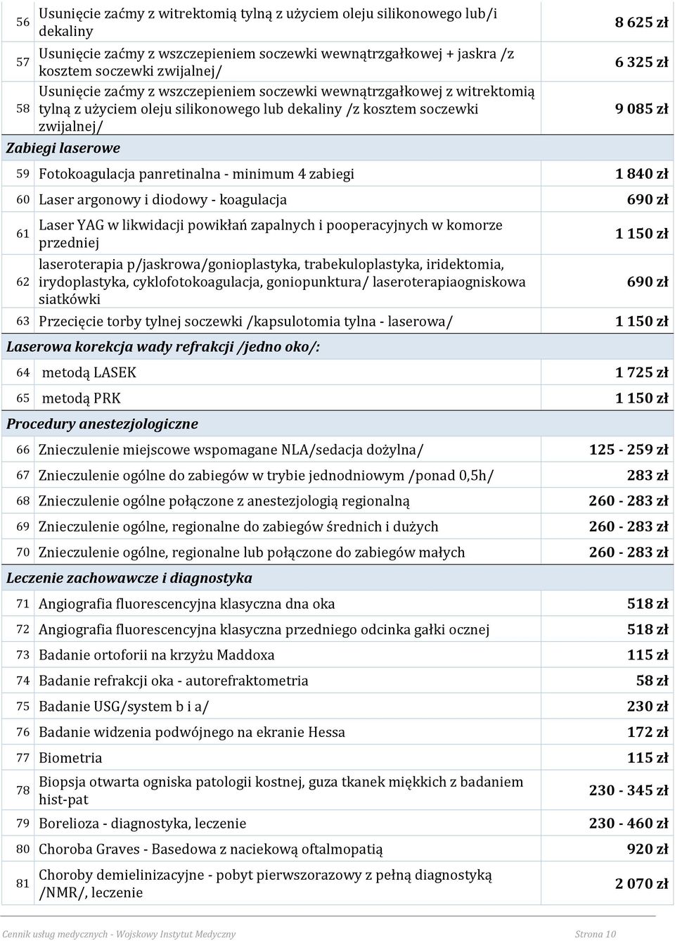 Fotokoagulacja panretinalna - minimum 4 zabiegi 1 840 zł 60 Laser argonowy i diodowy - koagulacja 690 zł 61 62 Laser YAG w likwidacji powikłań zapalnych i pooperacyjnych w komorze przedniej